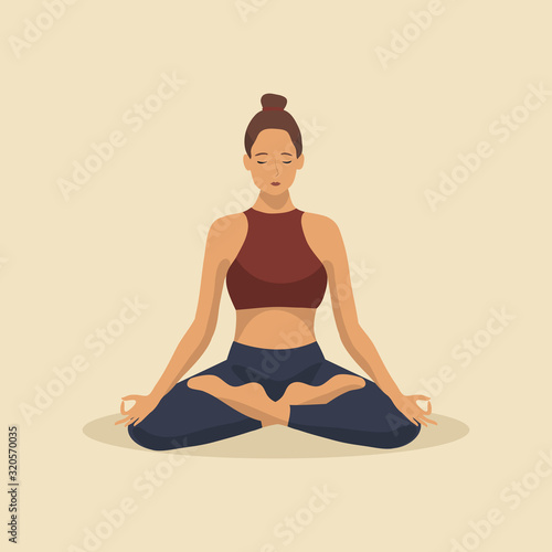 Young woman demonstrating various yoga or pilates positions isolated on light background. Concept health lifestyle. Sports female character. Stock vector illustration in flat style for sports blog.