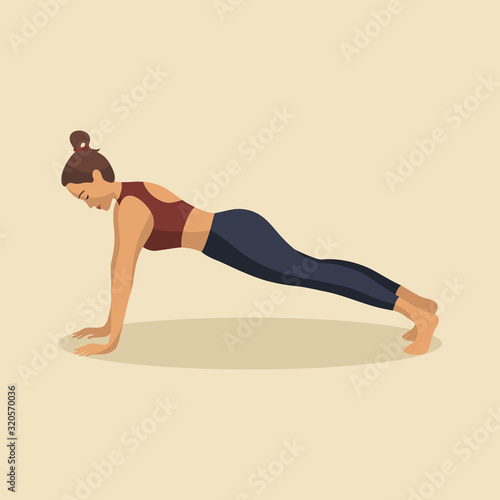 Young woman demonstrating various yoga or pilates positions isolated on light background. Concept health lifestyle. Sports female character. Stock vector illustration in flat style for sports blog.