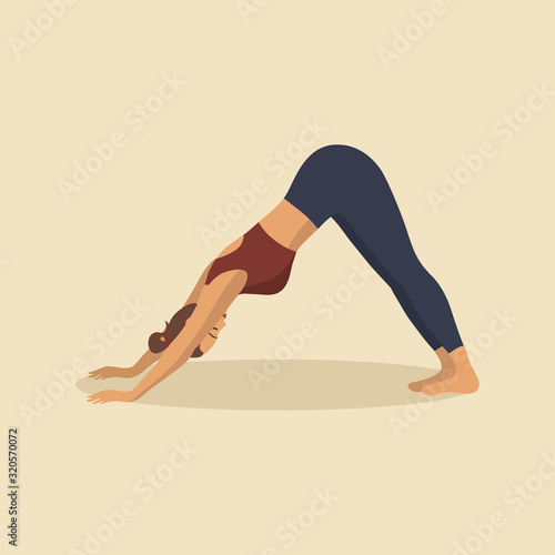 Young woman demonstrating various yoga or pilates positions isolated on light background. Concept health lifestyle. Sports female character. Stock vector illustration in flat style for sports blog.