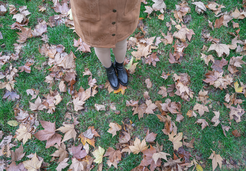A woman standing among fallen leaves