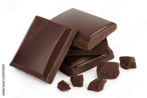 Small dark chocolate pieces isolated on white background with clipping path