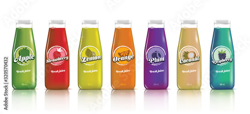 Fresh juice realistic glass canned bottle set. Healthy organic product, natural vegan nutrition vector packaging mockup.