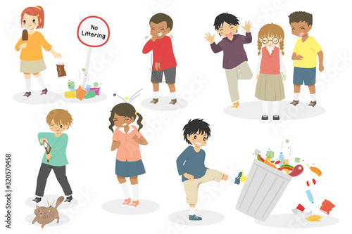 Naughty kids doing bad things and bullying others. Naughty kids with bad behavior vector set.  