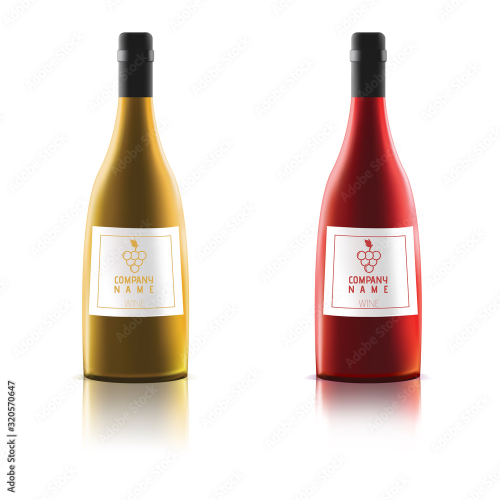 Two realistic vector wine bottles in top view with blank labels on white background. Design template in EPS10.