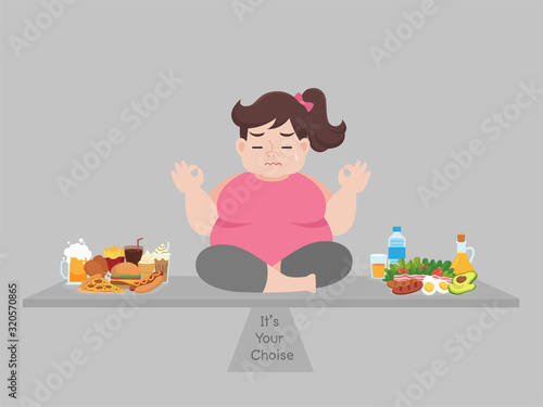 Big fat woman consider to choose between junk food or good food, diet cartoon, lose weight, Healthcare concept.