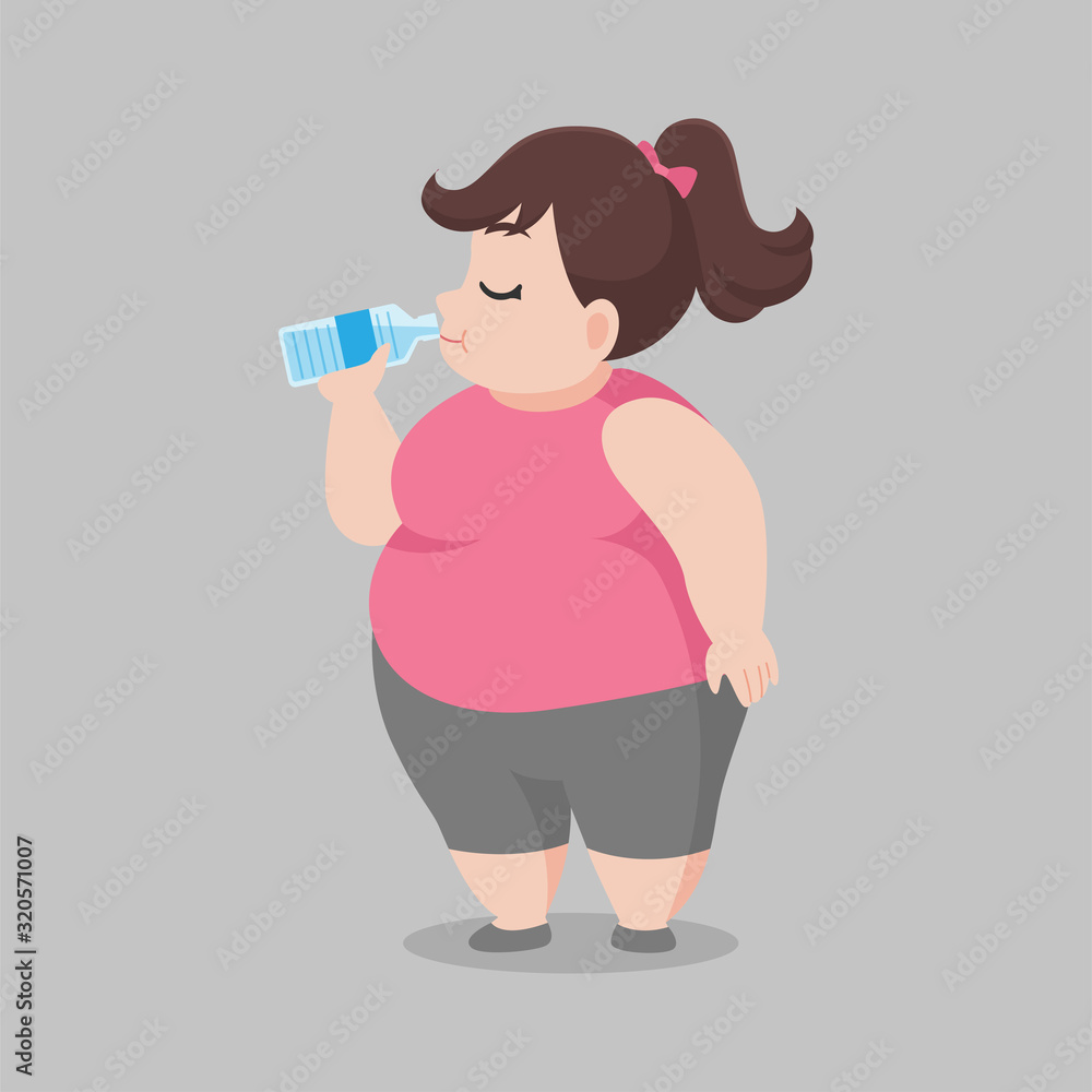 Big Fat woman drinking fresh water, clean bottle of water, good health, diet cartoon, lose weight, Lifestyle healthy Healthcare concept. Big Fat woman drinking fresh water, clean bottle of water, good health, diet cartoon, lose weight, Lifestyle healthy Healthcare concept.