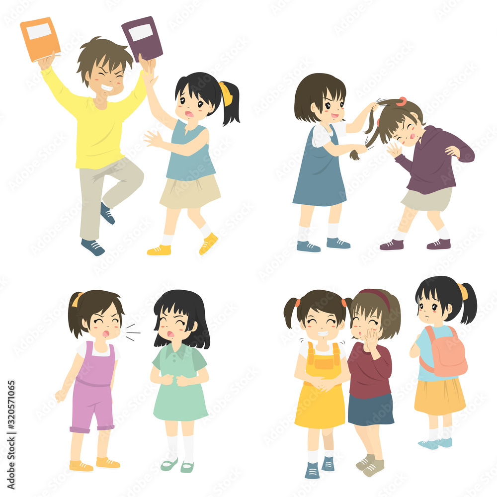 Set of naughty kids bullying others. fighting kids and naughty kids vector set Set of naughty kids bullying others. fighting kids and naughty kids vector set