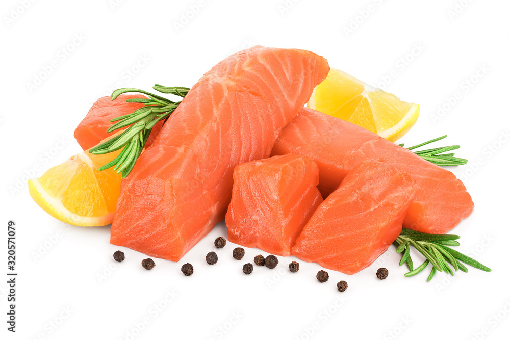 raw salmon piece cube with rosemary, lemon and peppercorn isolated on white background close up raw salmon piece cube with rosemary, lemon and peppercorn isolated on white background close up
