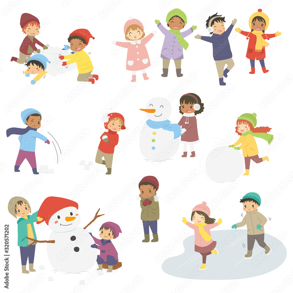 Set of happy kids on winter holiday. Kids playing in the snow and building snowman on winter holiday, cartoon vector Set of happy kids on winter holiday. Kids playing in the snow and building snowman on winter holiday, cartoon vector
