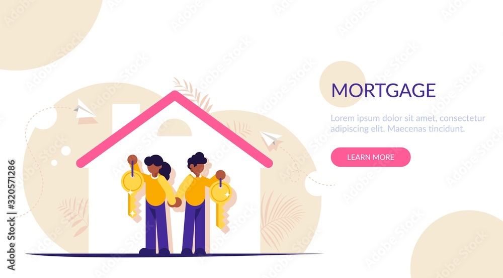 Happy family with keys to a new home. Illustration on the topic of mortgage lending. Silhouette of the house with the tenants. Modern flat illustration. Happy family with keys to a new home. Illustration on the topic of mortgage lending. Silhouette of the house with the tenants. Modern flat illustration.