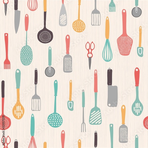 Sketch doodle illustration of kitchen tools, ware, accessories, appliances, equipment, utensils, such as knives, forks, spoons, brush, chopper, peeler, whisk, seamless pattern