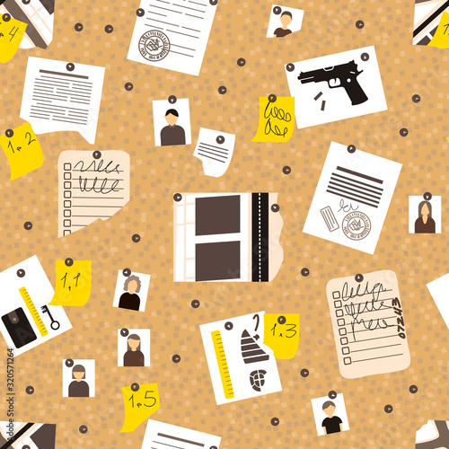 Flat seamless pattern board detective. Crime investigation concept. Print design vector illustration. Wallpaper background. 