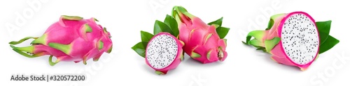 Ripe Dragon fruit, Pitaya or Pitahaya isolated on white background, fruit healthy concept. Set or collection