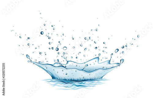 Blue water splash and drops isolated on white background. photo