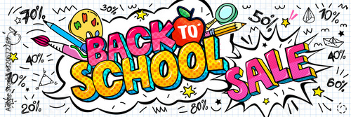 Concept of education. School background with hand drawn school supplies and comic speech bubble