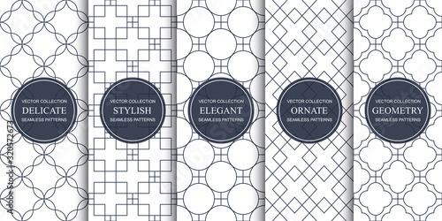 Set of ornamental seamless geometric patterns - symmetric outline textures. White repeatable elegant backgrounds