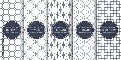 Set of ornamental seamless geometric patterns - symmetric outline textures. White repeatable elegant backgrounds