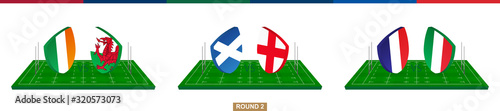 Rugby team Ireland vs Wales, Scotland vs England, France vs Italy on green rugby field.