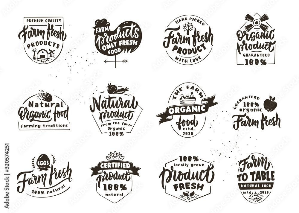 Set of vintage Farm fresh products, natural. Retro emblems, badges, logos, phrases, slogans, stamps. Organic food labels and stickers