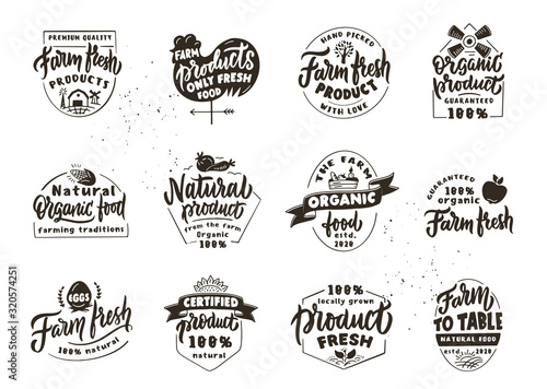 Set of vintage Farm fresh products  natural. Retro emblems  badges  logos  phrases  slogans  stamps. Organic food labels and stickers
