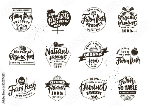 Set of vintage Farm fresh products, natural. Retro emblems, badges, logos, phrases, slogans, stamps. Organic food labels and stickers