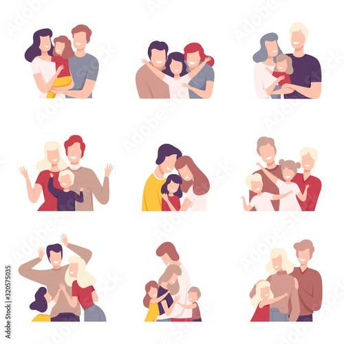Happy Loving Family. Smiling Parents and Their Kids Embracing Each Other Vector Illustrations Set © topvectors