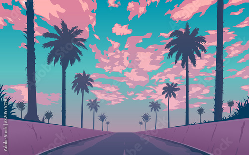 Evening road with palm trees. Palm trees against the background of the purple sunset. Vector illustration © yul1_illustrator