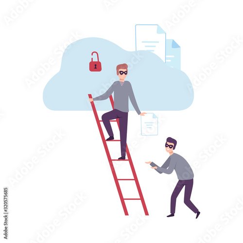 Masked Thieves Stealing Data from the Cloud Database, Cyber Crime, Hacking and Phishing Vector Illustration