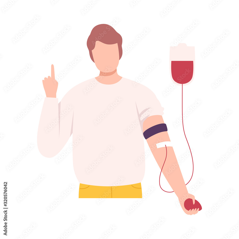 Male Donor or Volunteer Character Giving Blood in Medical Hospital, Blood Donation Flat Vector Illustration
