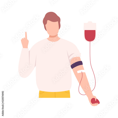 Male Donor or Volunteer Character Giving Blood in Medical Hospital, Blood Donation Flat Vector Illustration