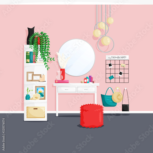 Vector interior design of make up beauty place in cartoon flat style. Cute cozy room with mirror, vanity, shelfs, cosmetic and decoratioms at home. Concept design of furniture for feminine boudoir