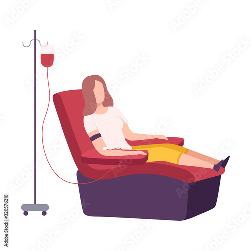 Female Donor Giving Blood in Medical Hospital, Woman Sitting in Medical Chair Donating Blood Flat Vector Illustration