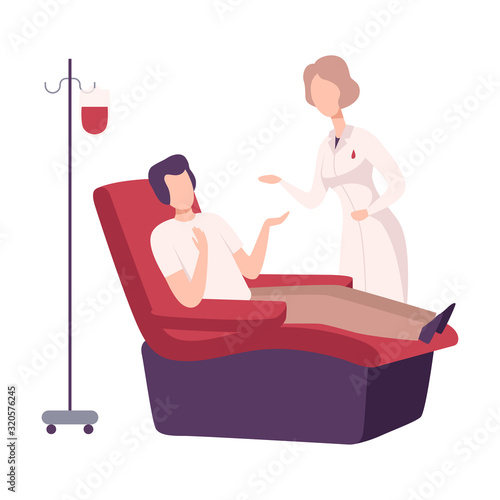 Male Donor Giving Blood in Medical Hospital, Man Sitting in Medical Chair, Female Doctor or Nurse Standing Next to Him, Blood Donation Flat Vector Illustration