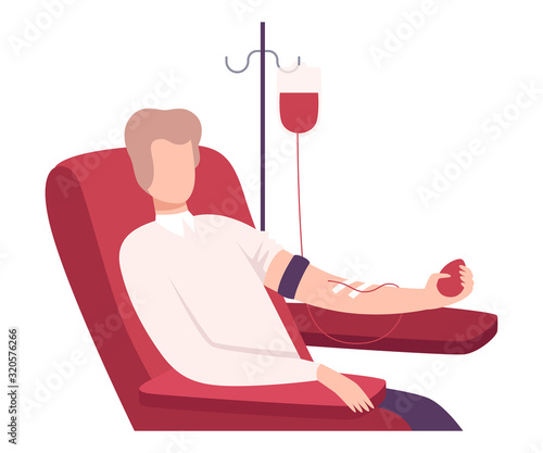 Male Donor Giving Blood in Medical Hospital, Volunteer Character Sitting in Medical Chair, Blood Donation Flat Vector Illustration