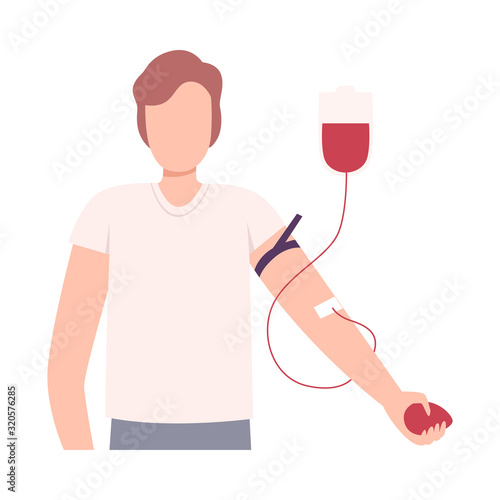 Male Donor Giving Blood in Medical Hospital, Blood Donation Flat Vector Illustration