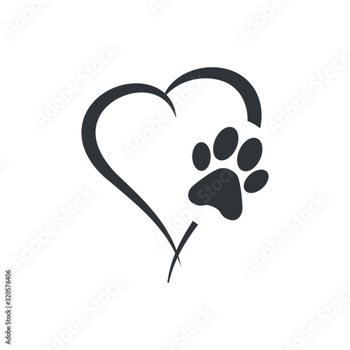 Animal love symbol paw print with heart, isolated vector