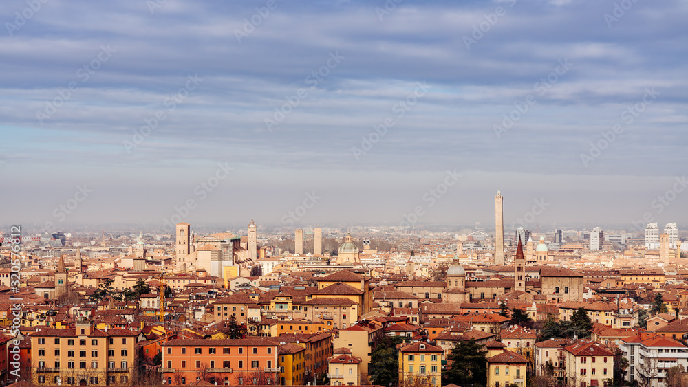 Bologna, cityscape from a high viewpoint in a winter afternoon. Emilia, Italy