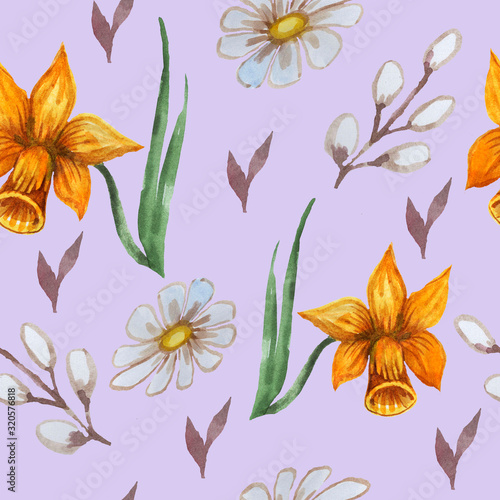 Postcard, Happy Easter. Hand drawn watercolor illustration. Holiday, vacations, rest. Print, textile, background. Seamless pattern.