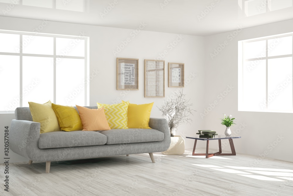 Stylish room in white color with sofa. Scandinavian interior design. 3D illustration Stylish room in white color with sofa. Scandinavian interior design. 3D illustration