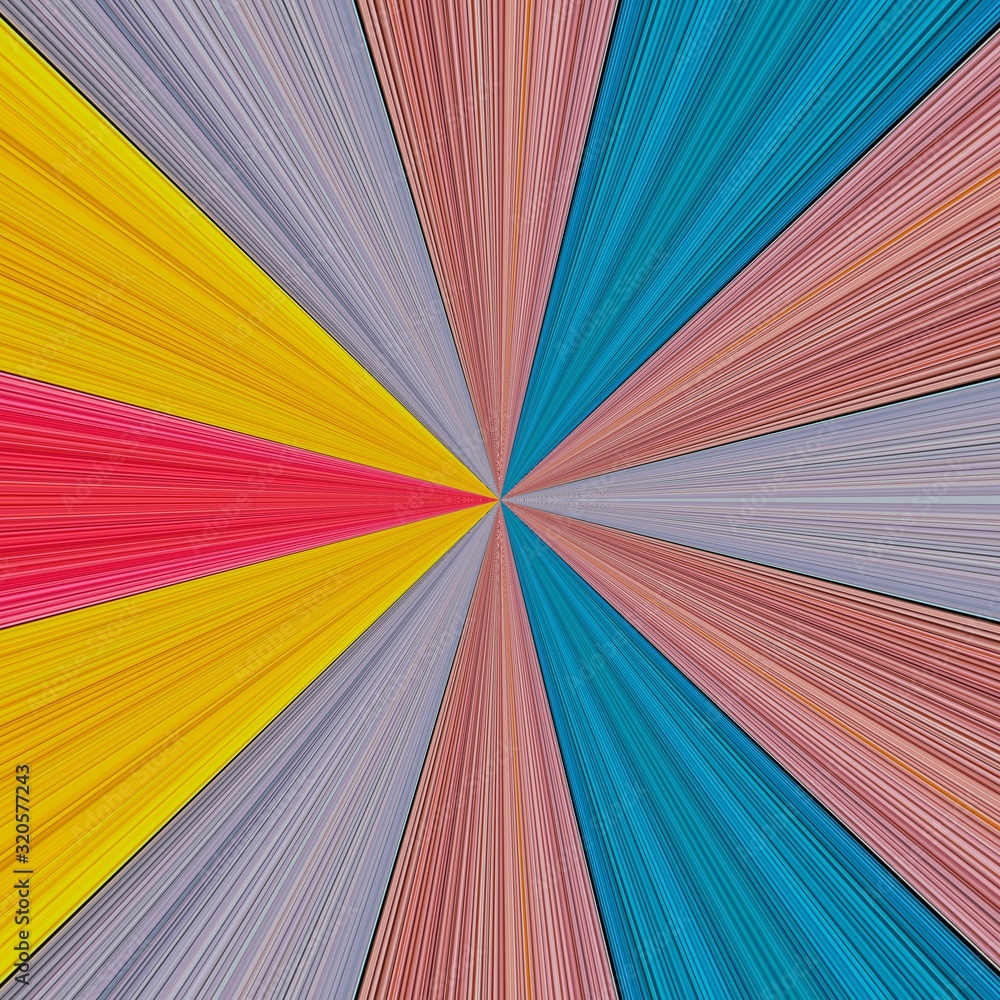 Fototapeta premium Colorful striped perspective lights background with starburst effect lines.