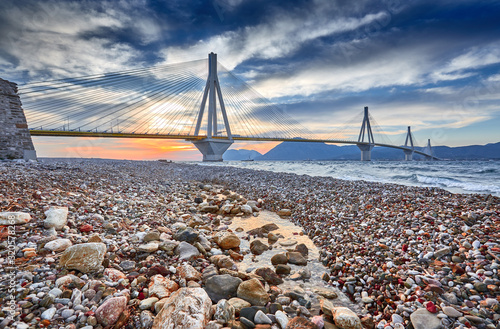 Принти на полотні Sunset view on the bridge near Patras