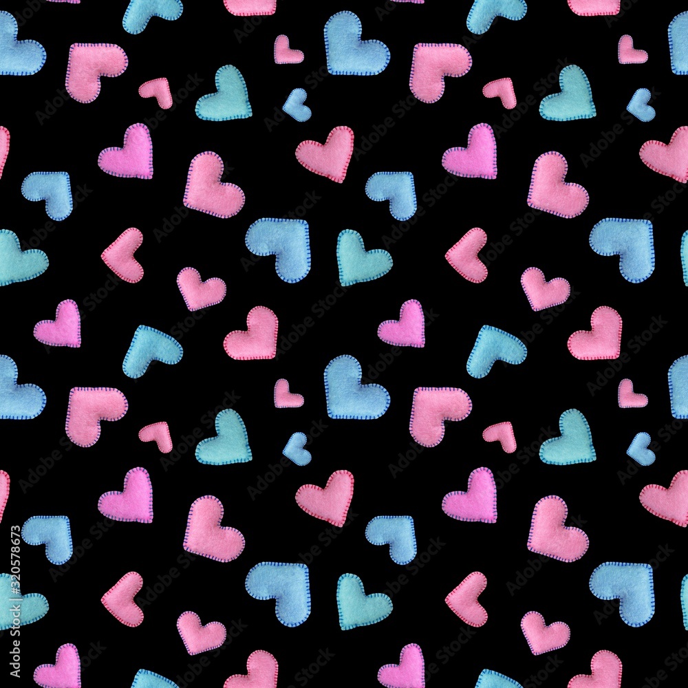 Seamless pattern with red and blue felt hearts on a black background for Valentine's day. Can be used for fabric, wrapping paper, invitation Seamless pattern with red and blue felt hearts on a black background for Valentine's day. Can be used for fabric, wrapping paper, invitation