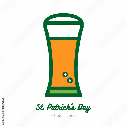 Saint Patricks day beer glass, pint mug, tankard vector icon. Orange green line art flat icon for logo, sign, button. Minimalist st Patricks day menu, flyer, poster. Isolated Patrick beer drinkware.