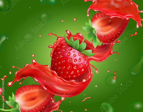 Strawberry in splashing juice liquid on green background design for package vector