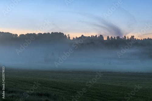 Dense fog Sunrise summer landscape over a field with trees visible through the fog. selective focus