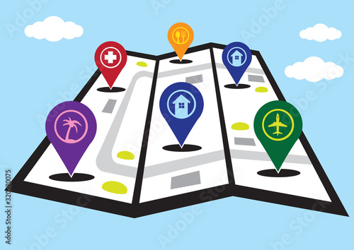 Three-Fold Street Map with Markers Vector Illustration