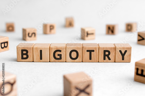 Bigotry - words from wooden blocks with letters, disliking other people bigotry concept, white background