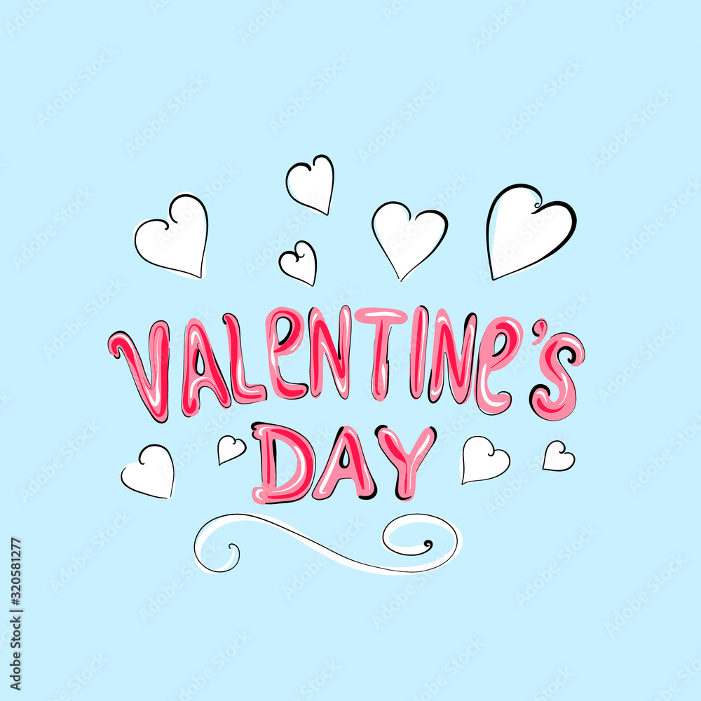Beautifully written text happy Valentines Day on a white background ,a red heart . Holiday concept. Vector hand drawn illustration in cartoon style .