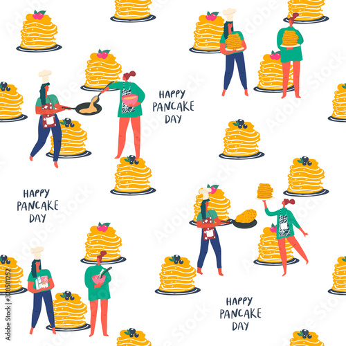 Stylized girls with making pancakes. Stacks of ready-made pancakes. Hand drawn people and text: happy pancake day. Vector element of seamless pattern