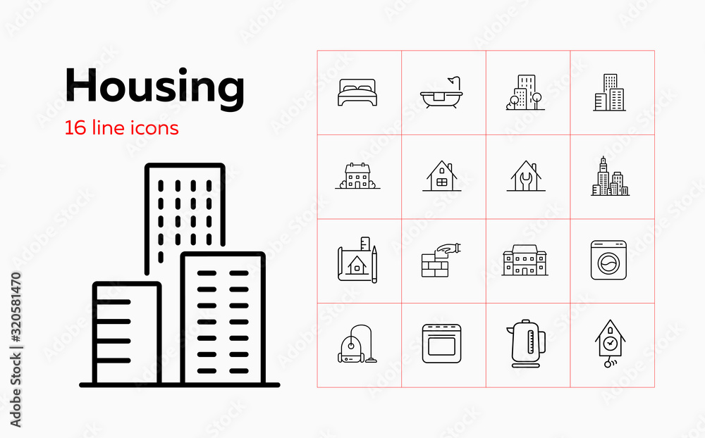 Housing line icon set. Bedroom, building, kettle. Construction concept. Can be used for topics like real estate development, apartment, rent, residential property